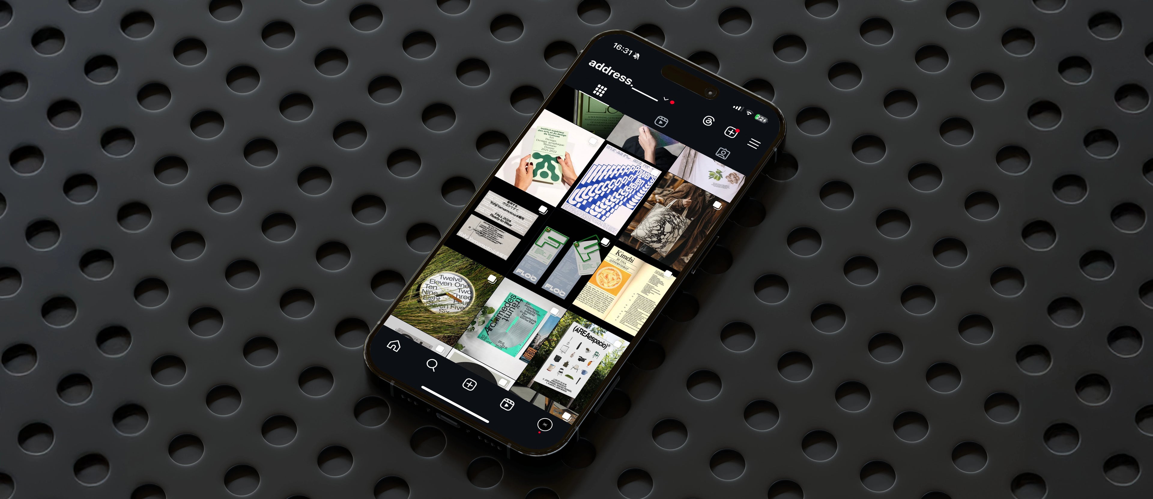Smartphone displaying a grid of images on a black textured background